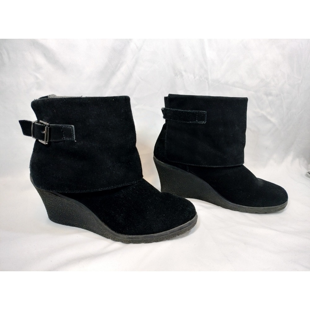 AXXIOM Saratoga Black Suede Wedge Ankle Boots Fold Over Cuff